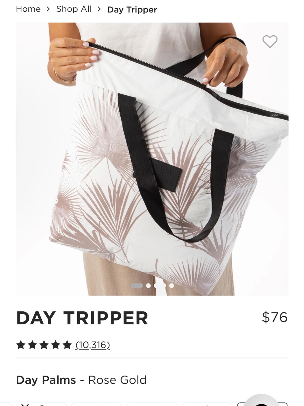 ALOHA Collection Day Tripper Tote - Rose Gold Palm with Black Straps